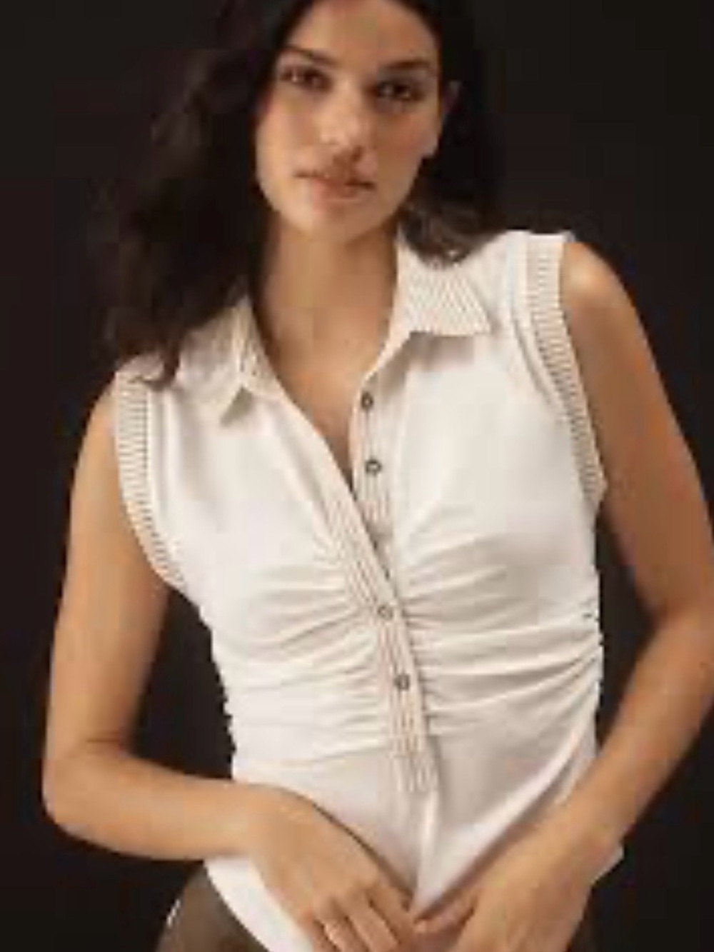 ANTHROPOLOGIE PILCRO Varsity Polo Tank Top Ruched Striped Cream Brown Size Small